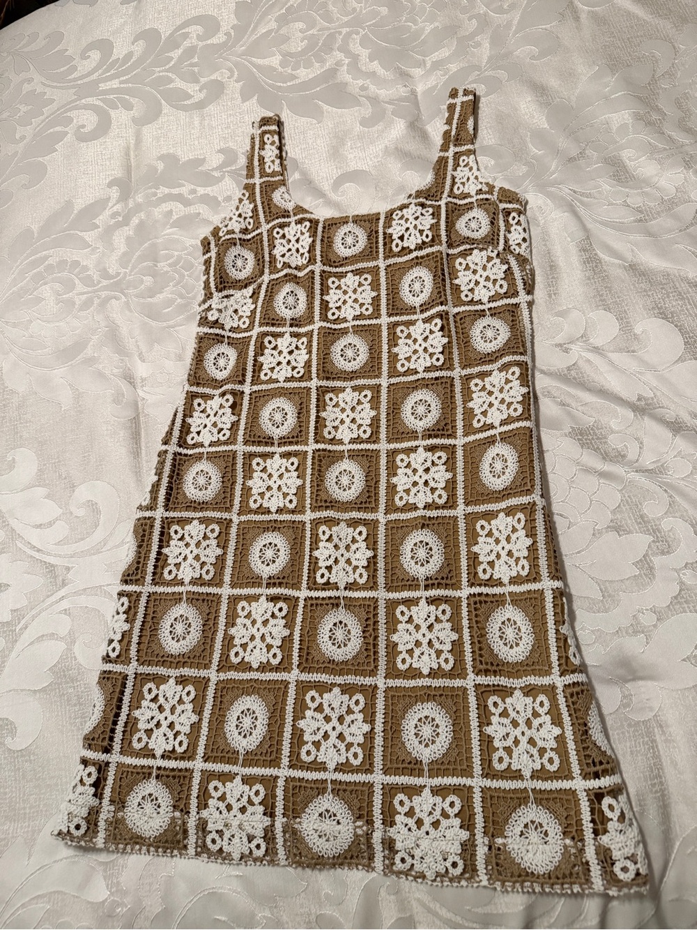 LOFT Brown and White Crochet Square-Panel Mini Dress